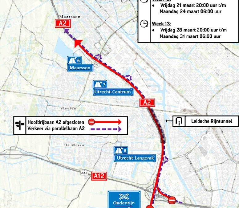 Wegwerkzaamheden A2 | Hoofdrijbaan A2 richting Amsterdam 2 weekenden afgesloten vanaf knooppunt Oudenrijn