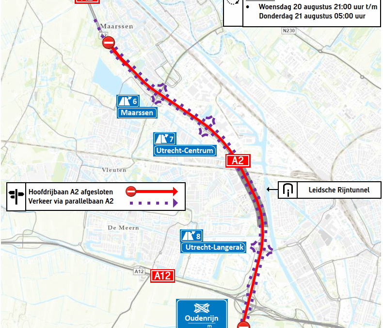 Nachtelijke afsluiting A2 bij Oudenrijn en Maarssen op 20 augustus