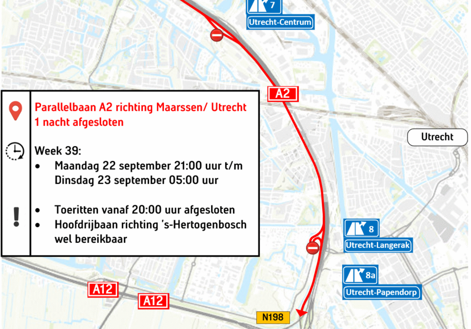 Nachtelijke afsluiting A2 bij Maarssen/Utrecht op 22 september